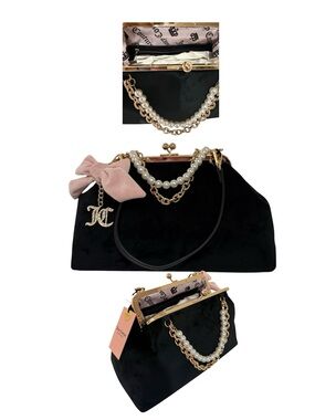 Juicy Couture Black Velvet Pearl-Chain Frame Clutch with Pink Bow